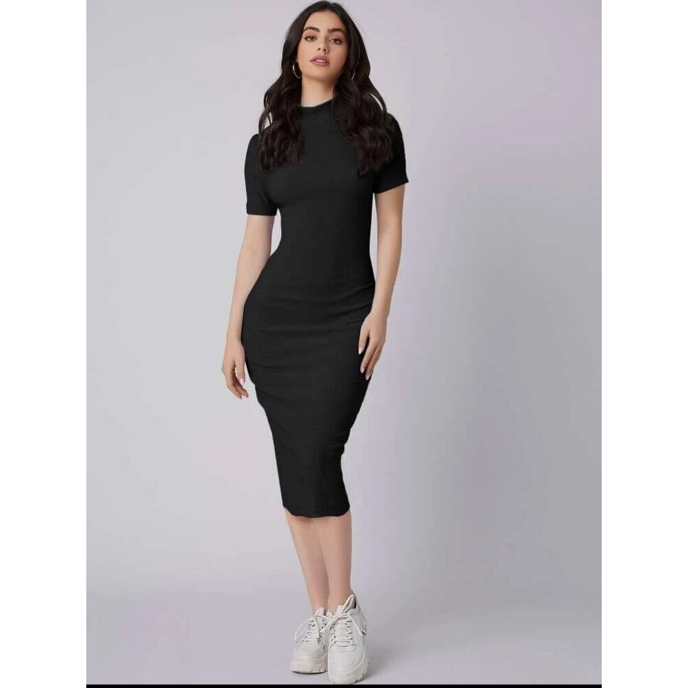 fitted midi dress crewneck short sleeve black